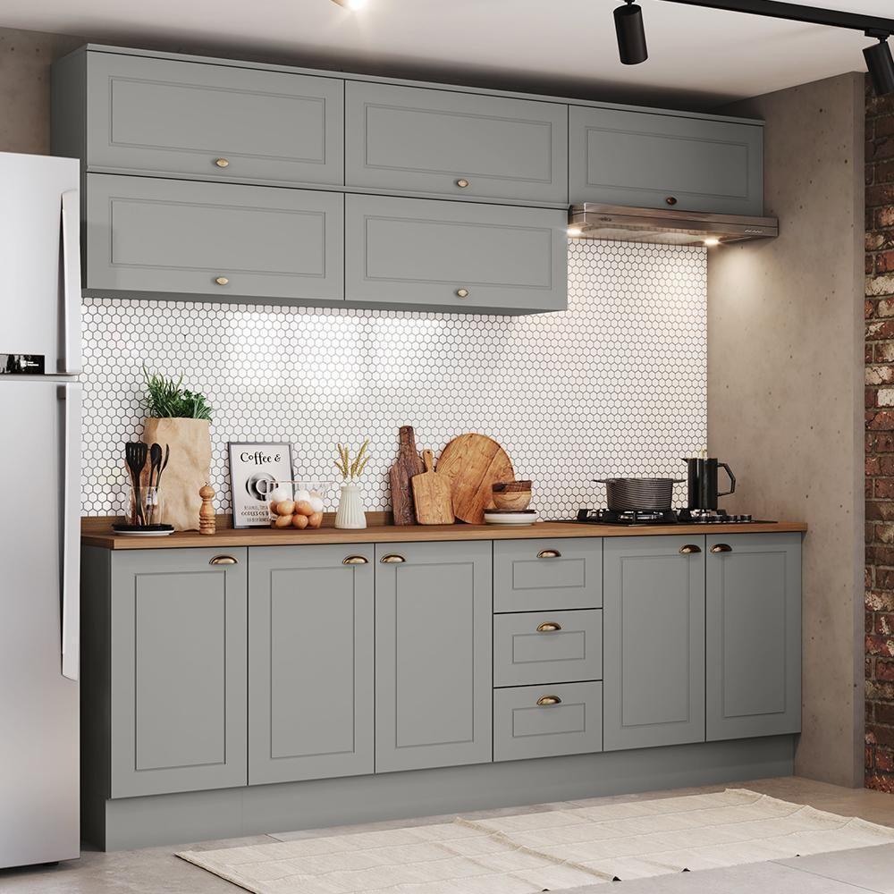 Cozinha Modulada Americana 8 Peças Balcão 120cm Cinza/nature Com Tampo - Móveis Henn Cinza/nature - 2