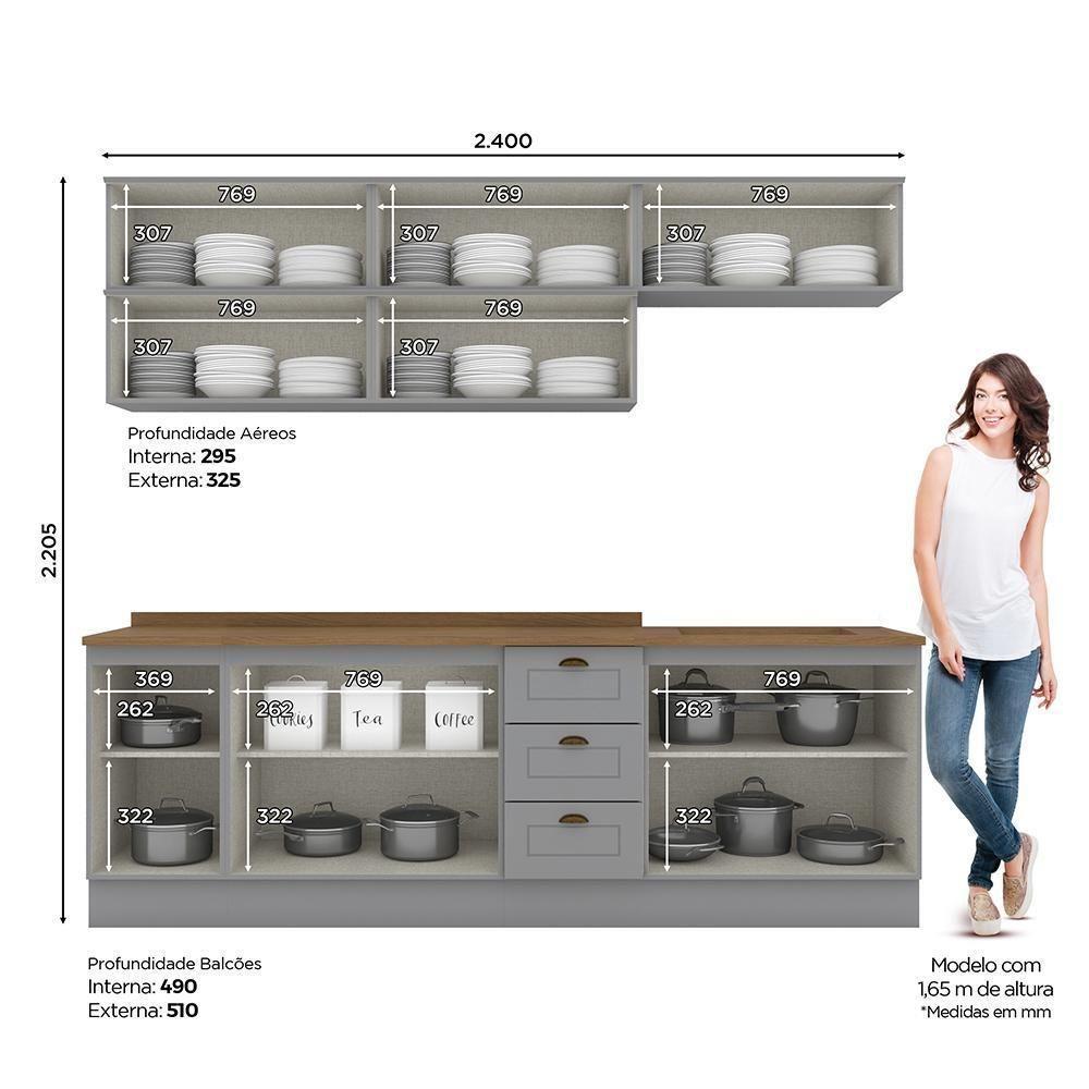Cozinha Modulada Americana 8 Peças Balcão 120cm Cinza/nature Com Tampo - Móveis Henn Cinza/nature - 7