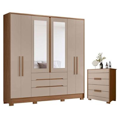 Guarda Roupa Casal e Cômoda San Francisco Dhara 6 Portas 6 Gavetas MDP Carvalho Fendi com Cabideiro