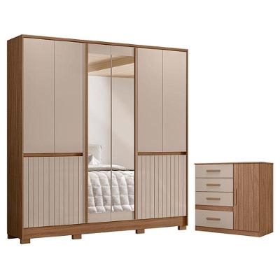 Guarda Roupa Casal e Cômoda Sapateira Alasca Vênus 10 Portas 4 Gavetas MDP Carvalho Fendi