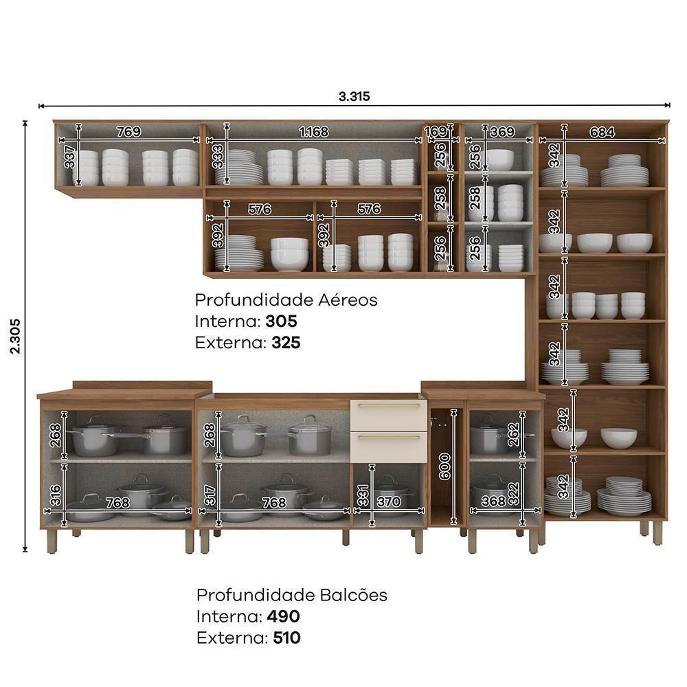 Cozinha Modulada Requinte 9 Peças Com Cristaleira Nature/areia - Móveis Henn Nature/areia - 7
