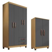 Guarda Roupa Solteiro Modena Com 4 Portas E Armário Multiuso Recife Carvalho Americano Grafite - Incorplac - 1