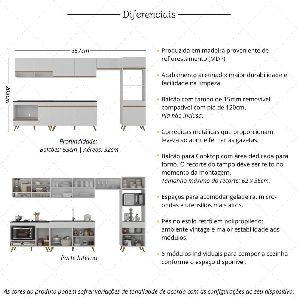 Armário De Cozinha Modulada Completa 6 Pçs Com Balcão Para Cooktop Veneza Multimóveis Mp2273 Branco/dourado - 3