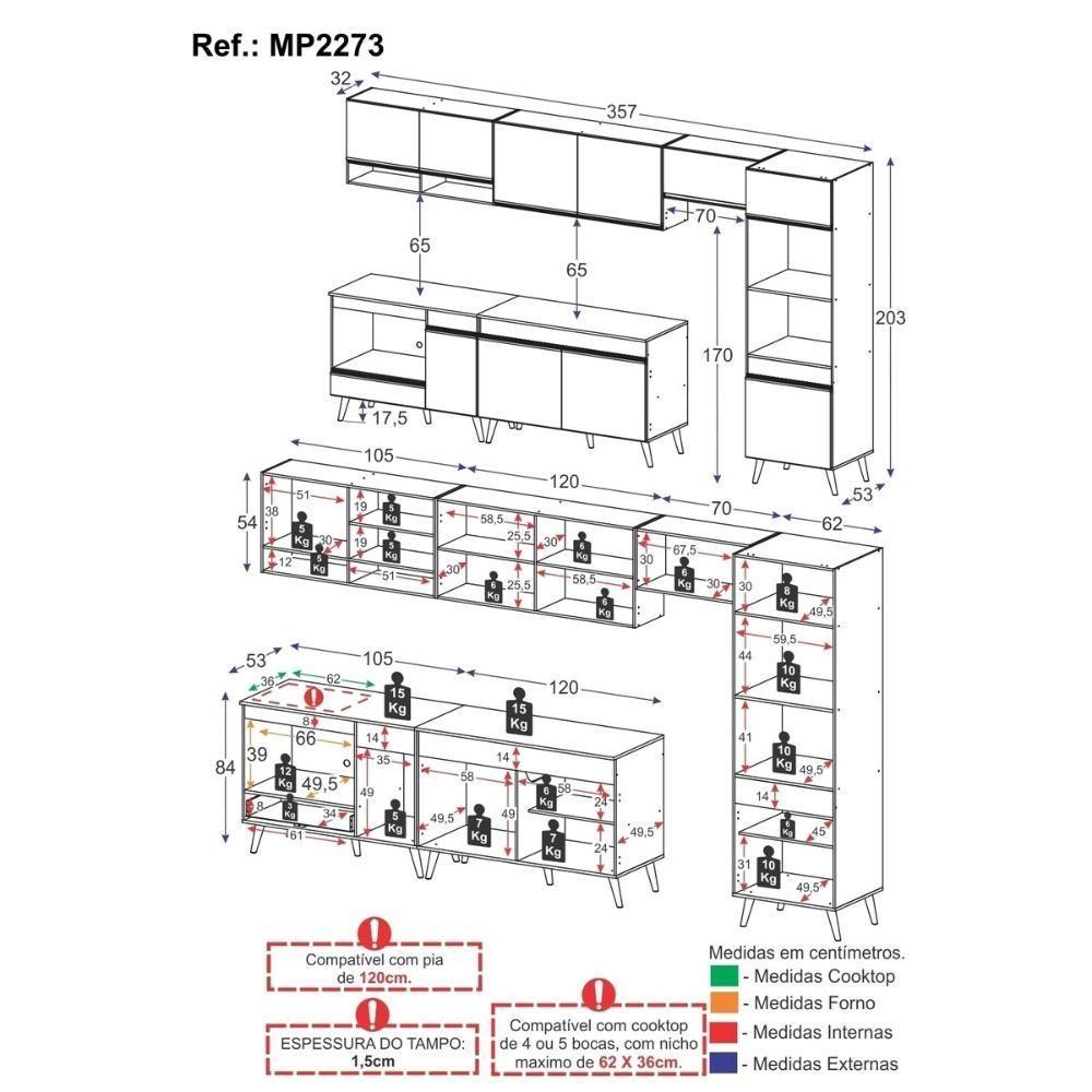 Armário De Cozinha Modulada Completa 6 Pçs Com Balcão Para Cooktop Veneza Multimóveis Mp2273 Branco/dourado - 4
