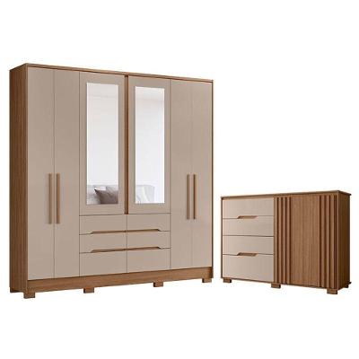 Guarda Roupa Casal e Cômoda San Francisco Texas 6 Portas 6 Gavetas MDP Carvalho Fendi