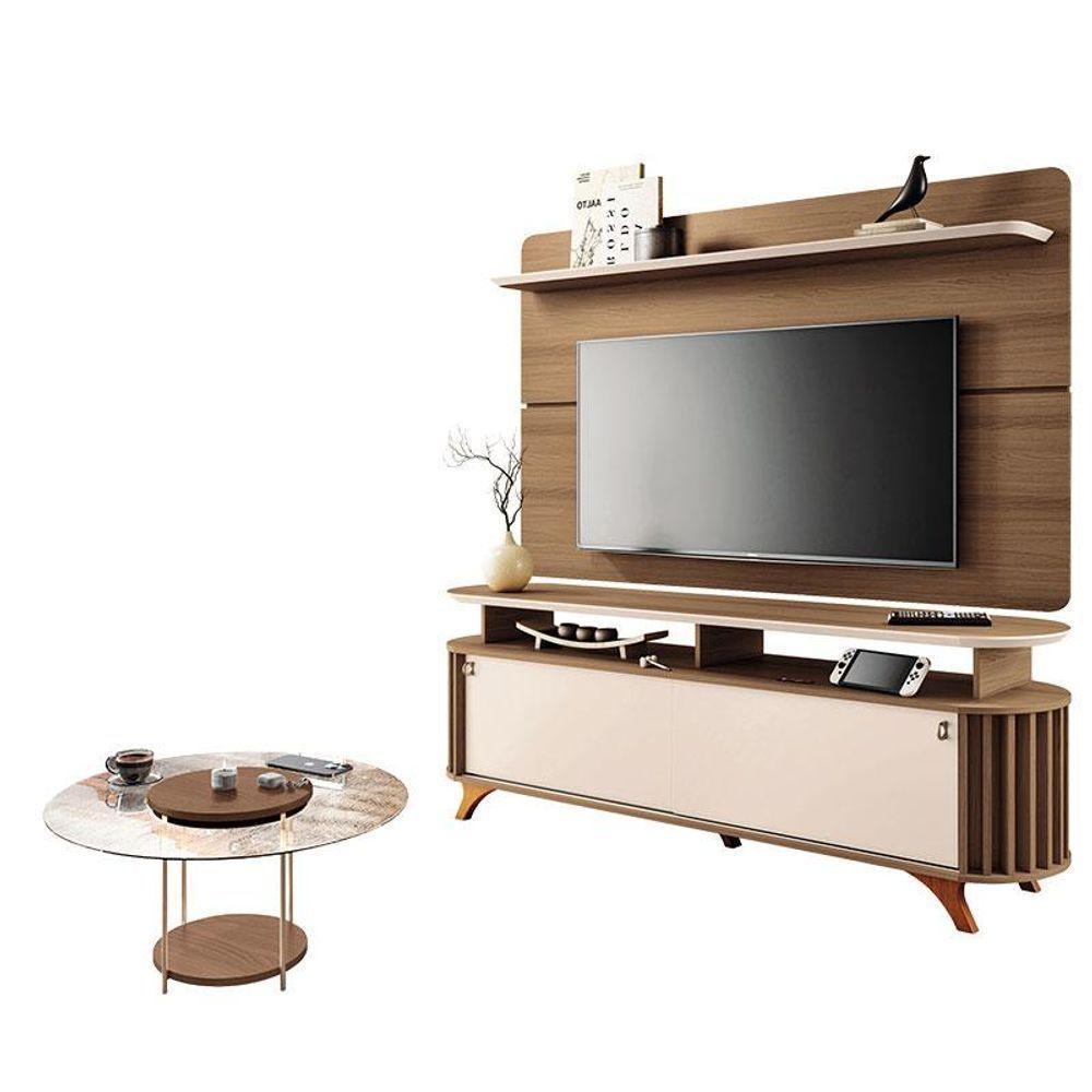 Rack Bancada Alba Com Painel Curv Com Mesa De Centro Sky Com Tampo De Vidro Castanho Off White - Hb Móveis - 1