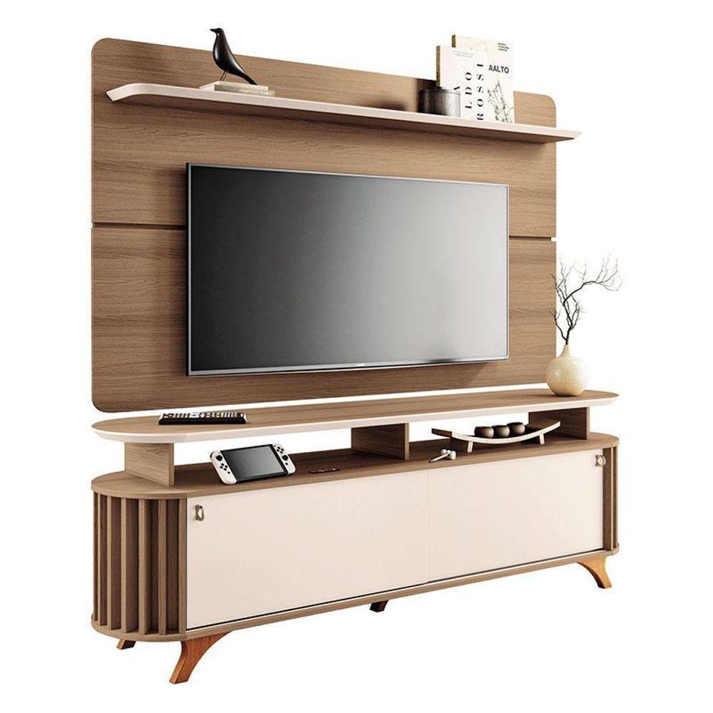 Rack Bancada Alba Com Painel Curv Com Mesa De Centro Sky Com Tampo De Vidro Castanho Off White - Hb Móveis - 2