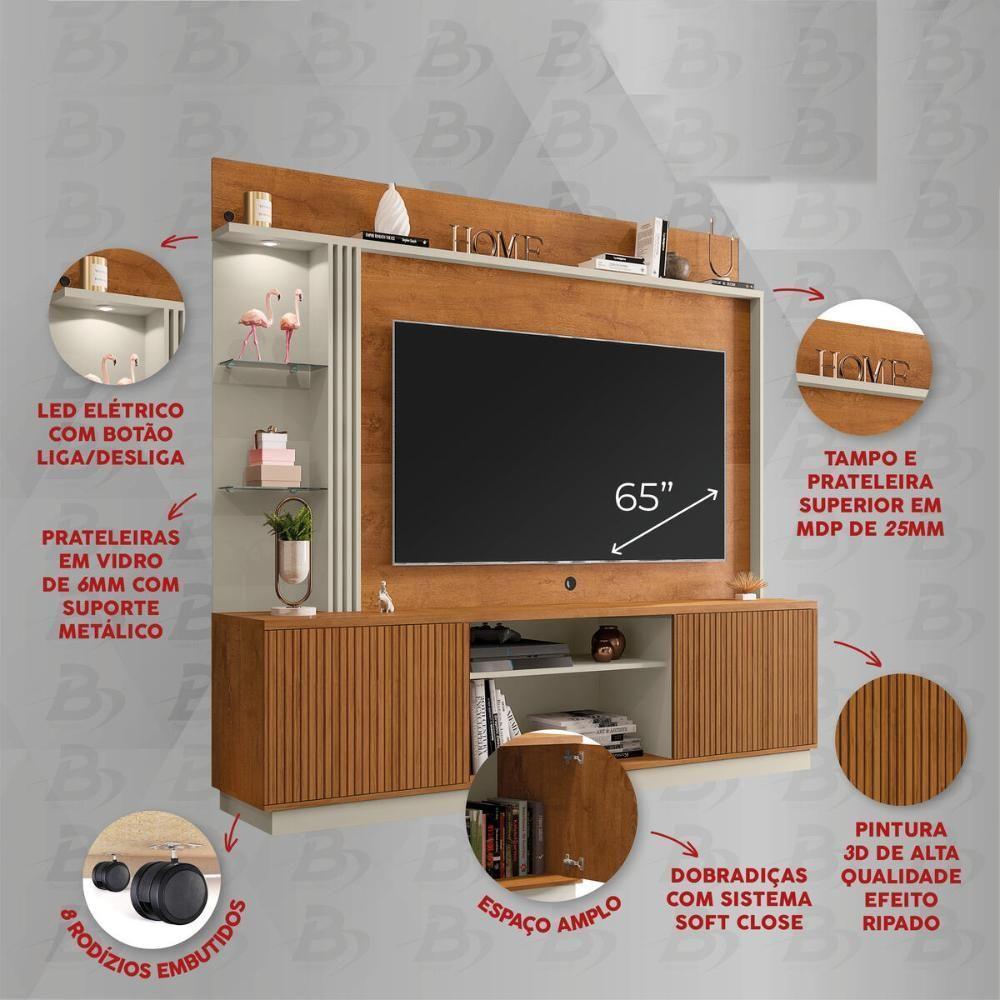 Rack Com Painel Para Tv Até 65 Polegadas Com Led Vidros E 2 Portas Multimóveis Cr45275 Naturalle/off White/ripado - 3