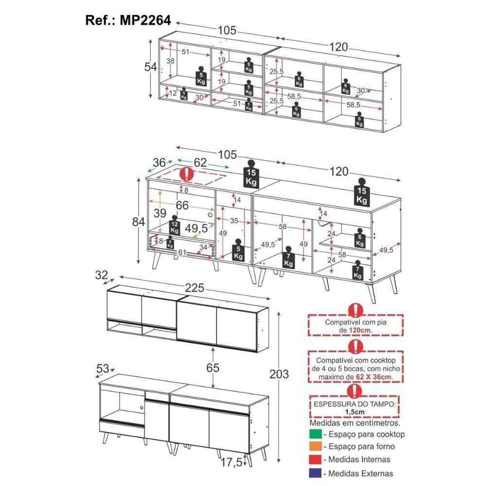 Armário De Cozinha Modulada Compacta 4 Pçs Com Balcão Para Cooktop Veneza Multimóveis Mp2264 Branco/dourado - 4
