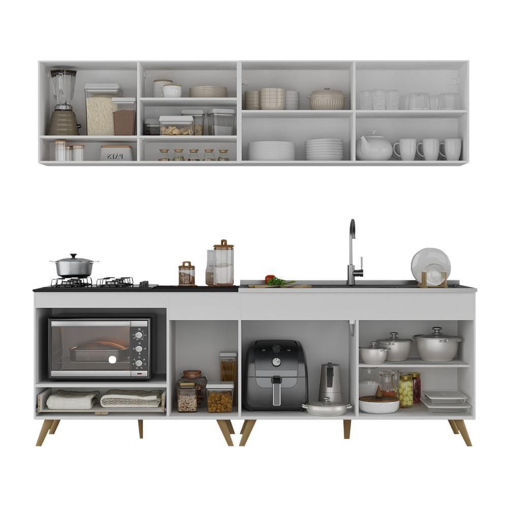 Armário De Cozinha Modulada Compacta 4 Pçs Com Balcão Para Cooktop Veneza Multimóveis Mp2264 Branco/dourado - 5