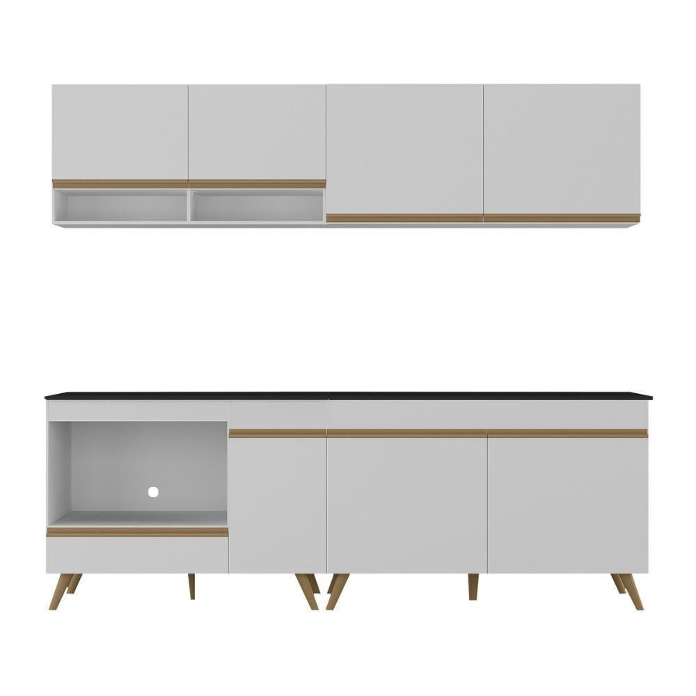 Armário De Cozinha Modulada Compacta 4 Pçs Com Balcão Para Cooktop Veneza Multimóveis Mp2264 Branco/dourado - 7