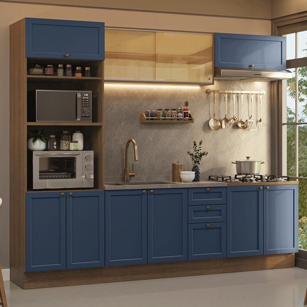 Armário De Cozinha Completa 270 Cm Rustic/azul Vik Madesa 02 Rustic/azul - 1