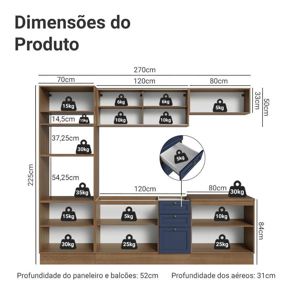Armário De Cozinha Completa 270 Cm Rustic/azul Vik Madesa 02 Rustic/azul - 3