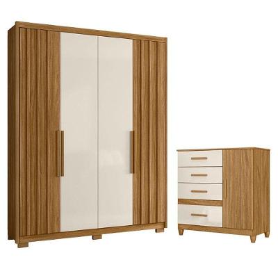 Guarda Roupa Solteiro e Cômoda Califórnia Vênus 5 Portas 7 Gavetas MDP Freijó Off White