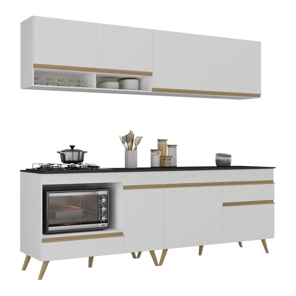 Armário De Cozinha Modulada Compacta Com Balcão Para Cooktop/forno Veneza Multimóveis Mp2262 Branco/dourado - 2