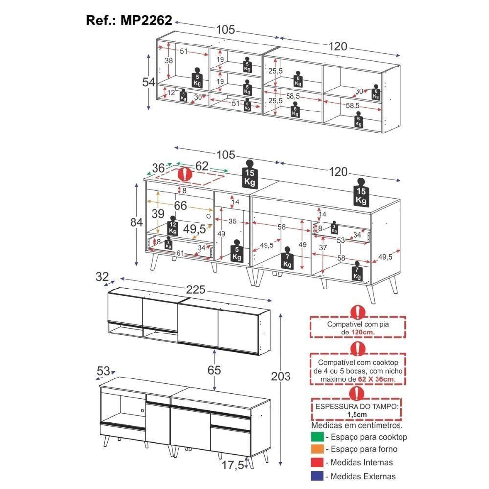 Armário De Cozinha Modulada Compacta Com Balcão Para Cooktop/forno Veneza Multimóveis Mp2262 Branco/dourado - 4