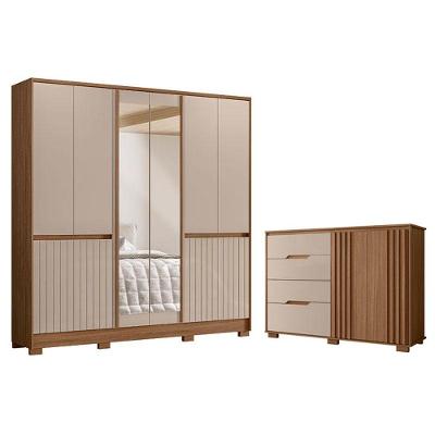 Guarda Roupa Casal e Cômoda Alasca Texas 10 Portas 4 Gavetas MDP Carvalho Fendi