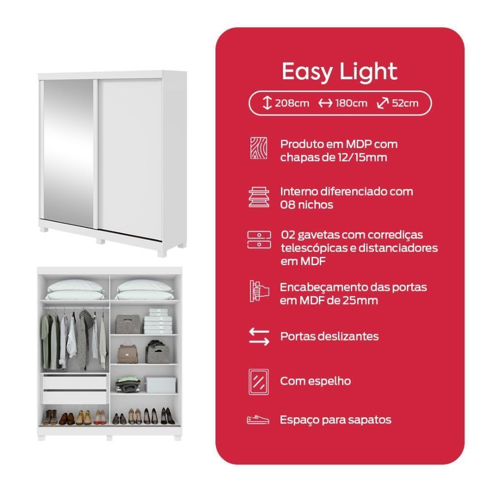 Guarda-roupa 2 Portas De Correr 2 Gavetas Easy Com Espelho E Pés Light Branco - 9