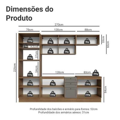 Cozinha Completa Vik 8 Portas 3 Gavetas MDF 270 cm Rustic-cinza com Corrediças Telescópicas