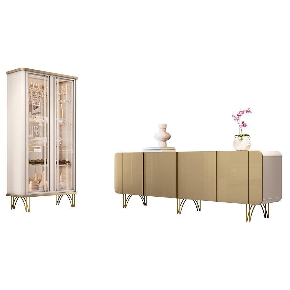 Sala De Jantar Com Cristaleira évora E Balcão Buffet Saluti Off White-champanhe Hb Móveis Off White-champanhe - 1