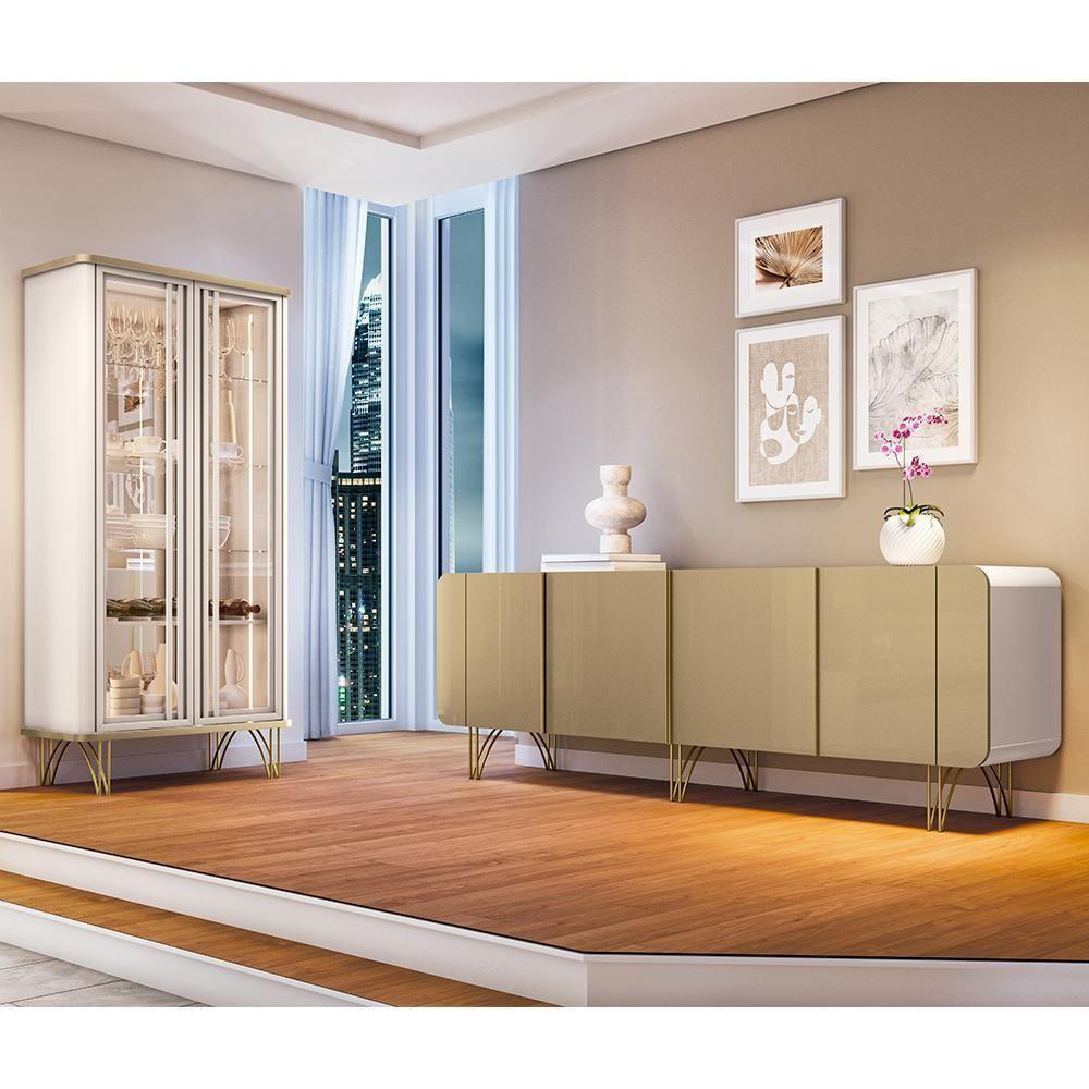 Sala De Jantar Com Cristaleira évora E Balcão Buffet Saluti Off White-champanhe Hb Móveis Off White-champanhe - 2