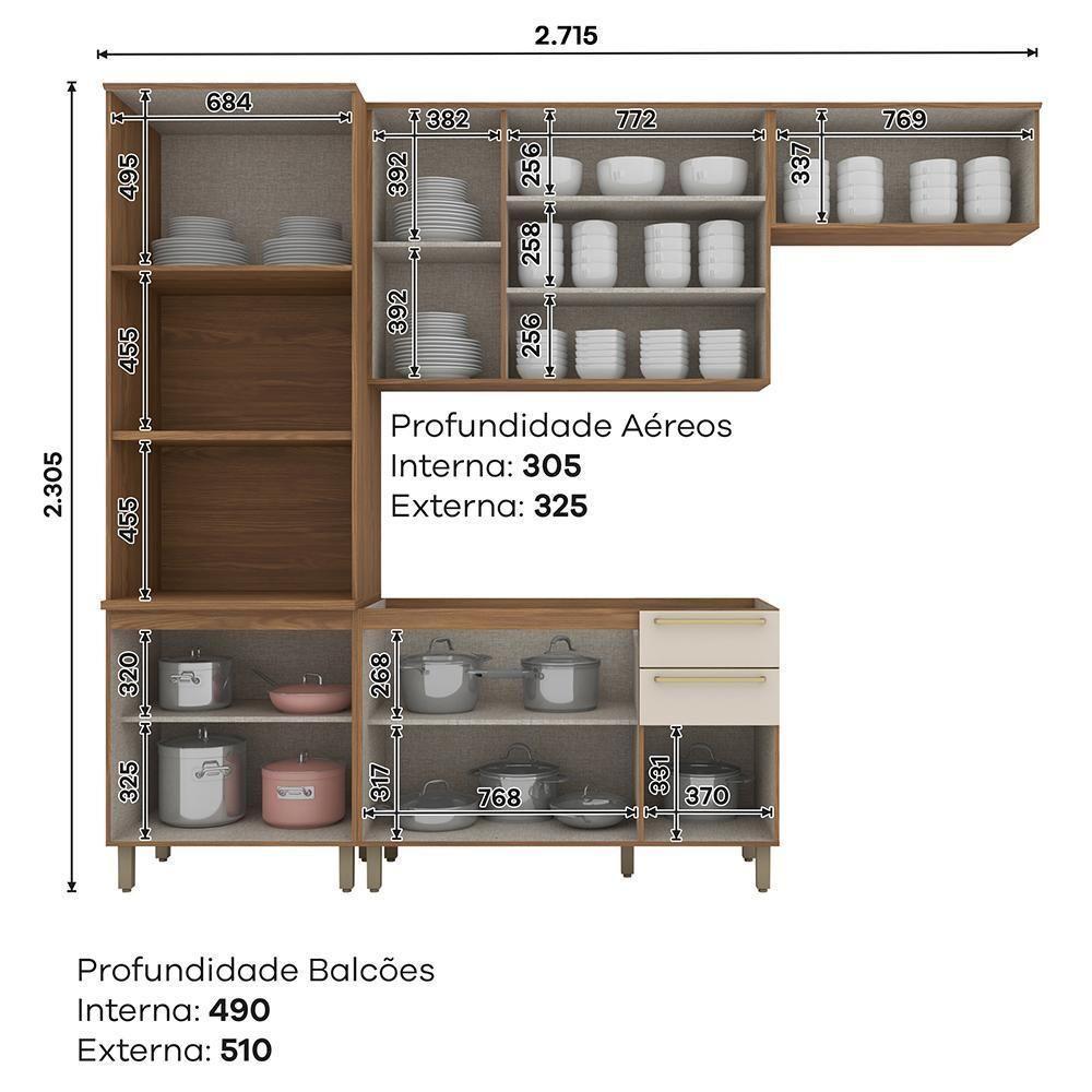 Cozinha Modulada Requinte 4 Peças Com Torre Quente 2 Fornos Nature/nature/areia - Móveis Henn Nature/nature/areia - 3