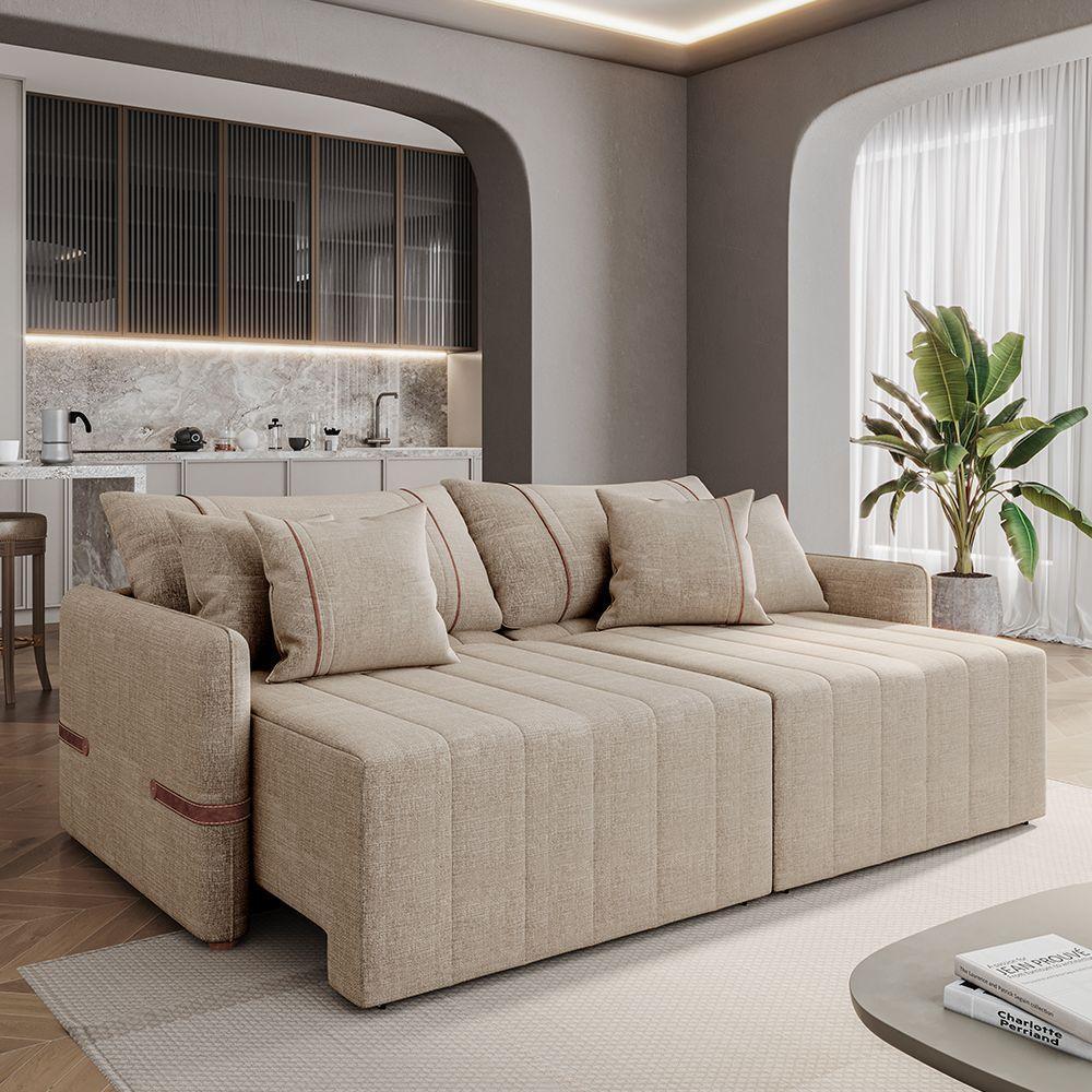 Sofá Retrátil Sem Caixa 3 Lugares 2,20m Com Almofadas Linho My Life Bex's Bege - 4