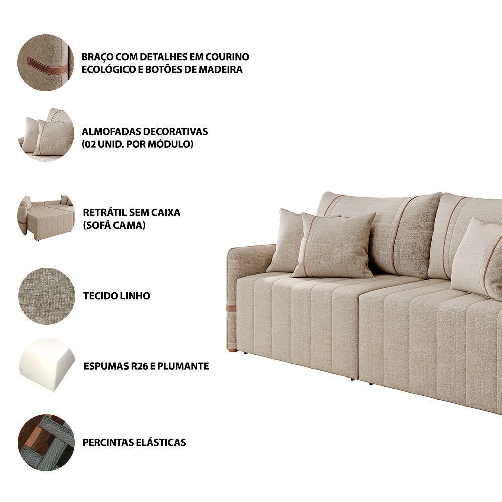 Sofá Retrátil Sem Caixa 3 Lugares 2,20m Com Almofadas Linho My Life Bex's Bege - 6