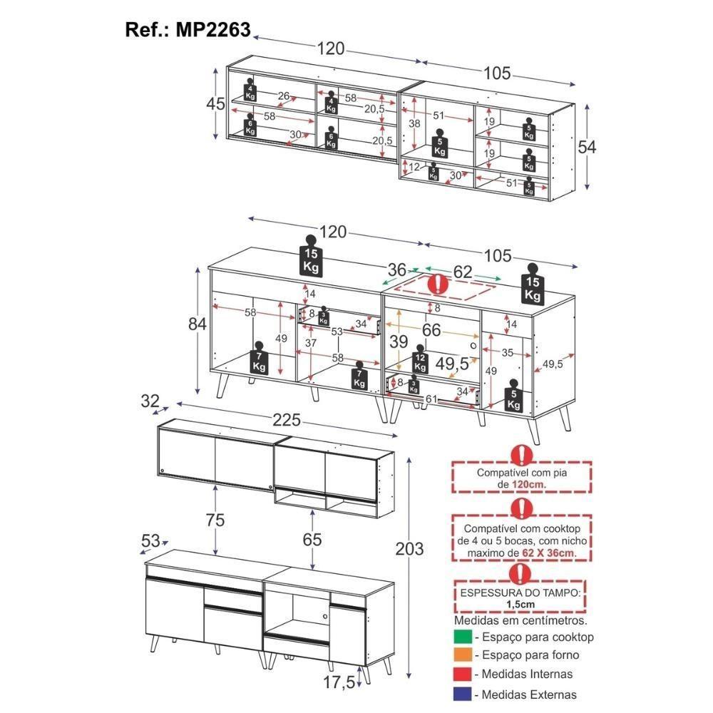 Armário De Cozinha Modulada Compacta 225cm Com Balcão Para Cooktop Veneza Multimóveis Mp2263 Branco/dourado - 4
