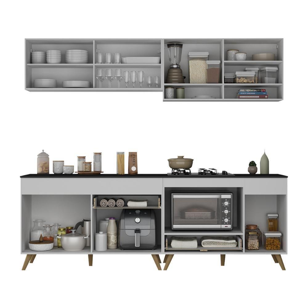 Armário De Cozinha Modulada Compacta 225cm Com Balcão Para Cooktop Veneza Multimóveis Mp2263 Branco/dourado - 5