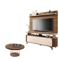 Rack Bancada Alba Com Painel Curv Com Mesa De Centro Sky Castanho Off White - Hb Móveis - 1