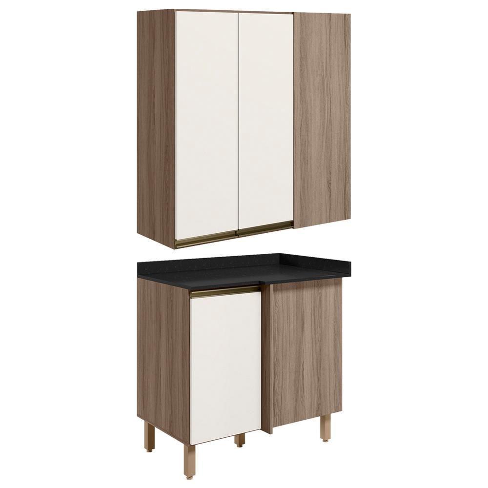 Armario Aereo E Balcao Canto Reto Mdf Kali Nicioli Carvalho Toq Off White Cetim - 1