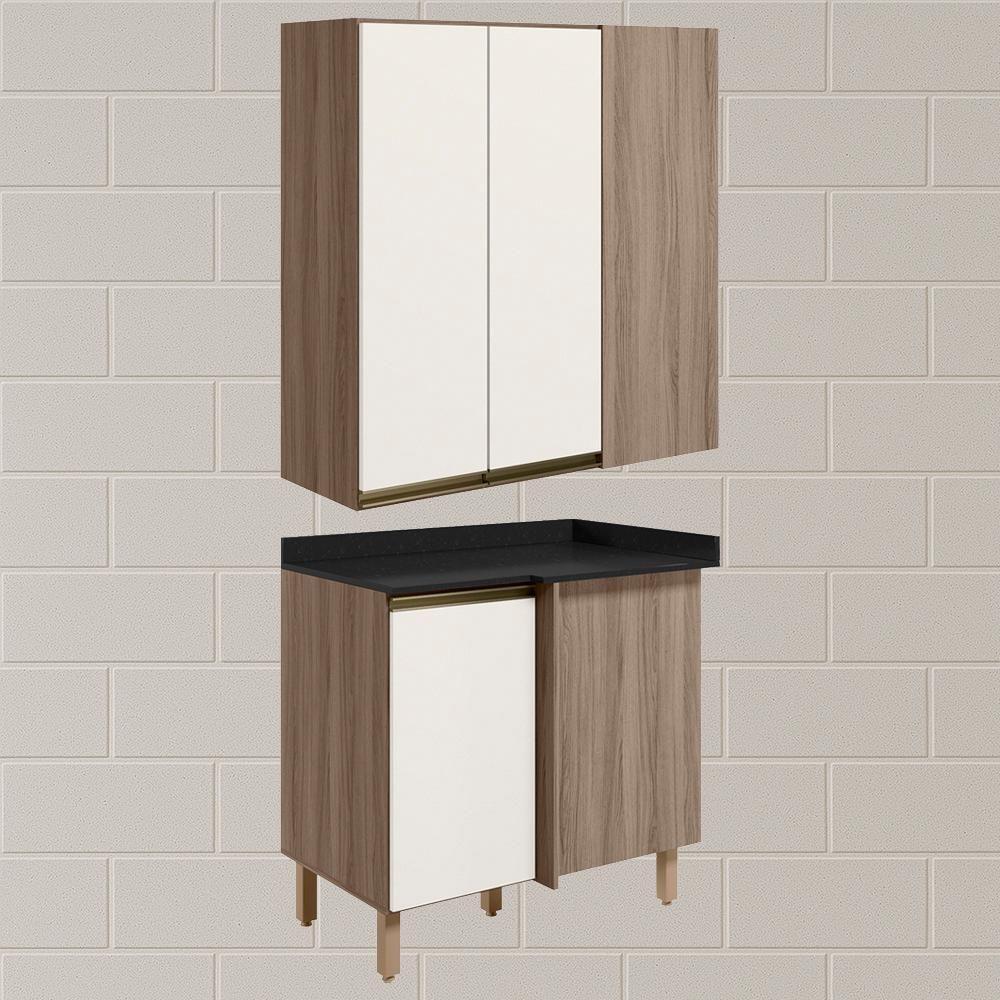 Armario Aereo E Balcao Canto Reto Mdf Kali Nicioli Carvalho Toq Off White Cetim - 2