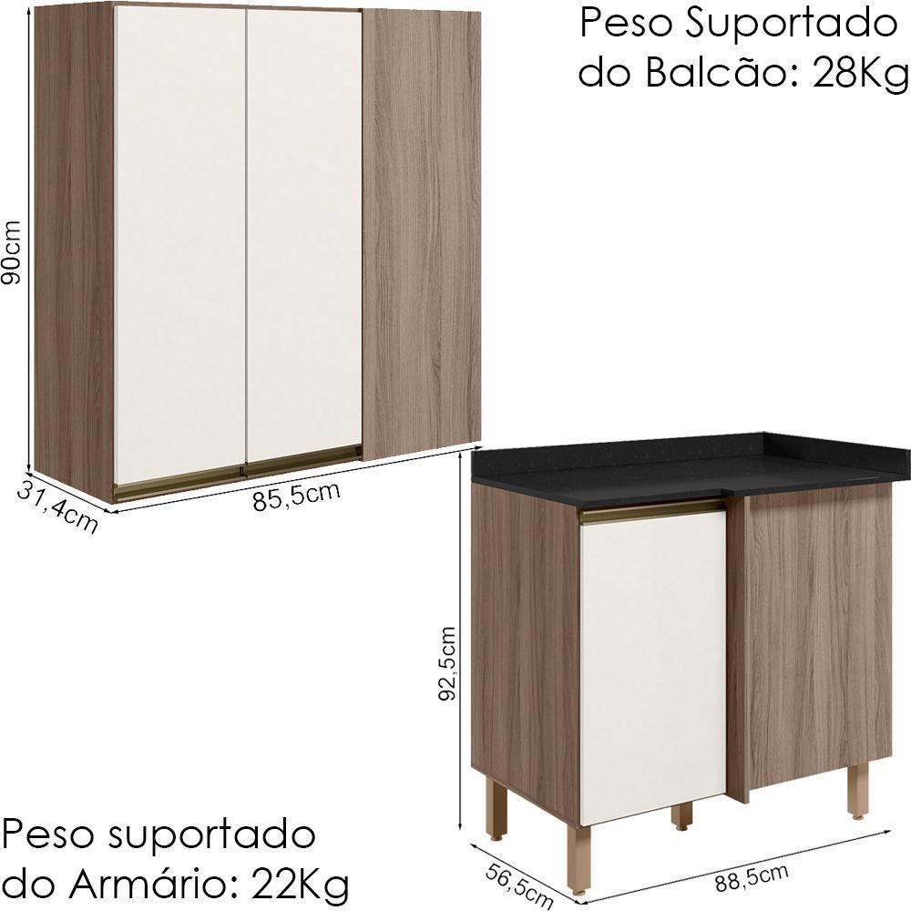 Armario Aereo E Balcao Canto Reto Mdf Kali Nicioli Carvalho Toq Off White Cetim - 3