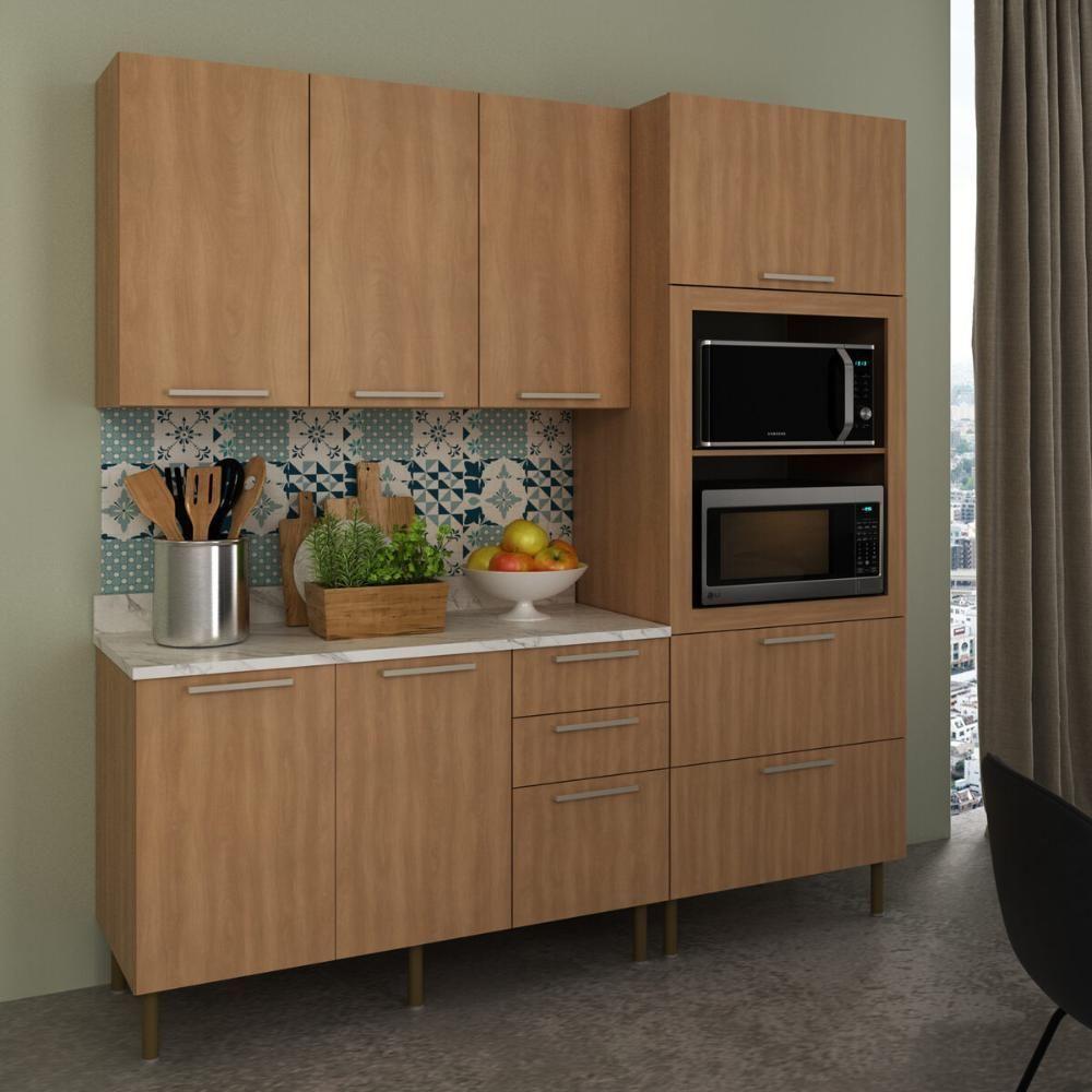 Cozinha Compacta 3 Peças Com Armário Paneleiro E Balcão Com Tampo Multimóveis Cr20450 Freijó/mármore Branco - 1