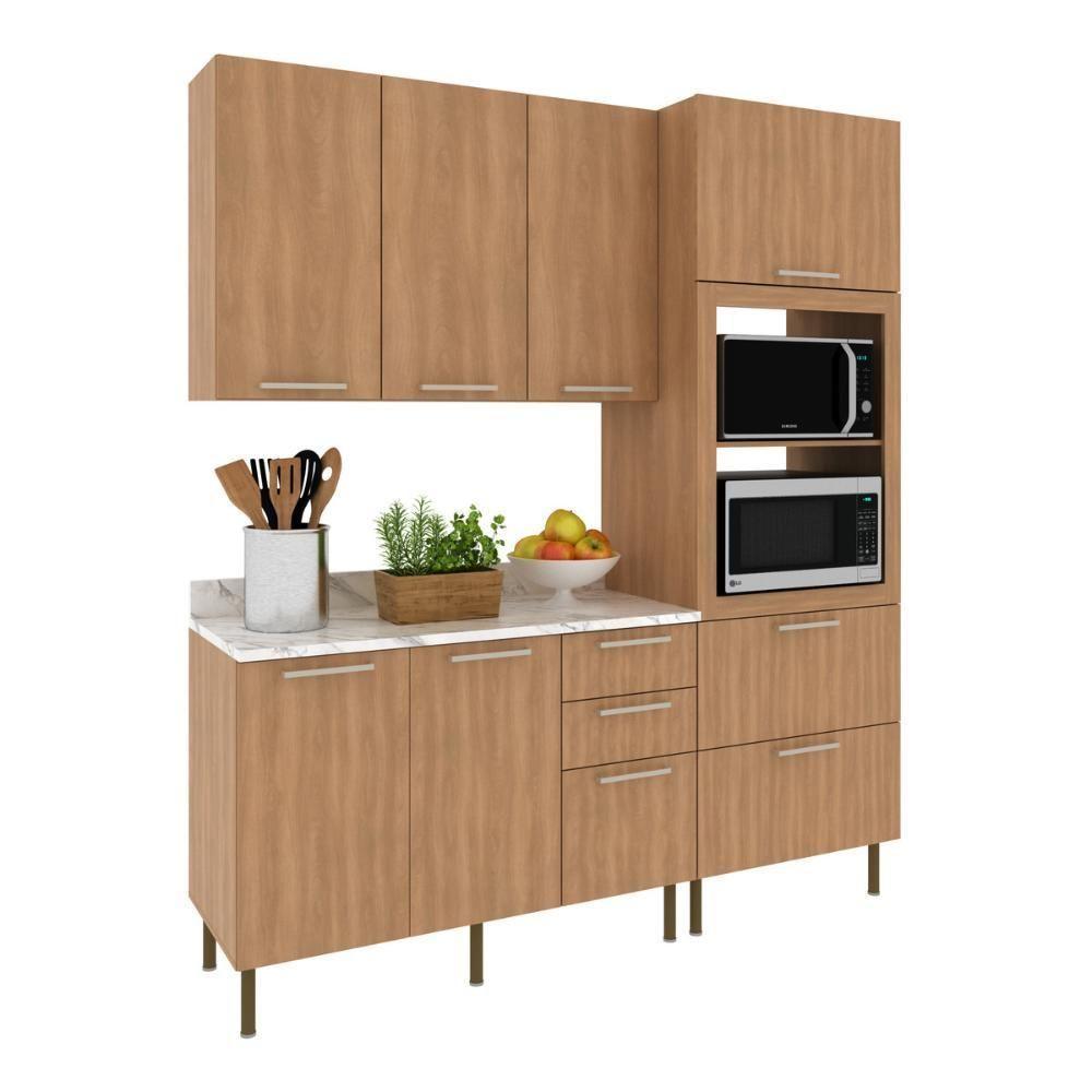 Cozinha Compacta 3 Peças Com Armário Paneleiro E Balcão Com Tampo Multimóveis Cr20450 Freijó/mármore Branco - 2