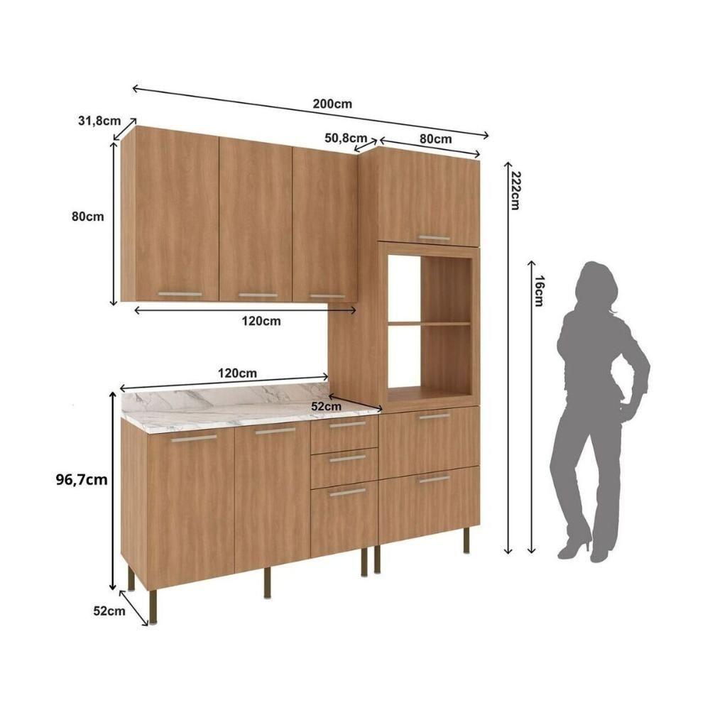 Cozinha Compacta 3 Peças Com Armário Paneleiro E Balcão Com Tampo Multimóveis Cr20450 Freijó/mármore Branco - 3