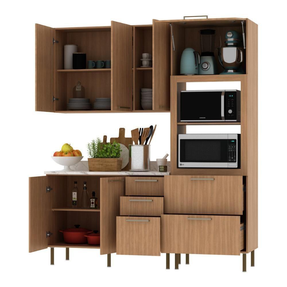 Cozinha Compacta 3 Peças Com Armário Paneleiro E Balcão Com Tampo Multimóveis Cr20450 Freijó/mármore Branco - 4