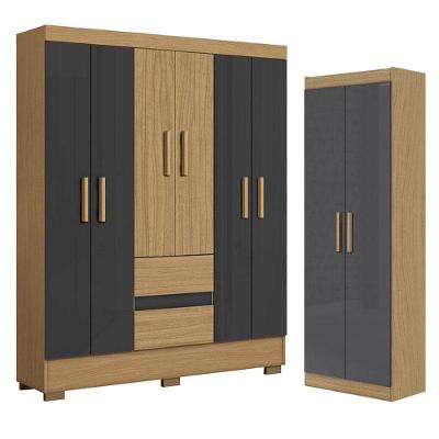 Guarda Roupa Casal Coimbra 6 Portas 2 Gavetas Atacama Grafite e Armário Multiuso