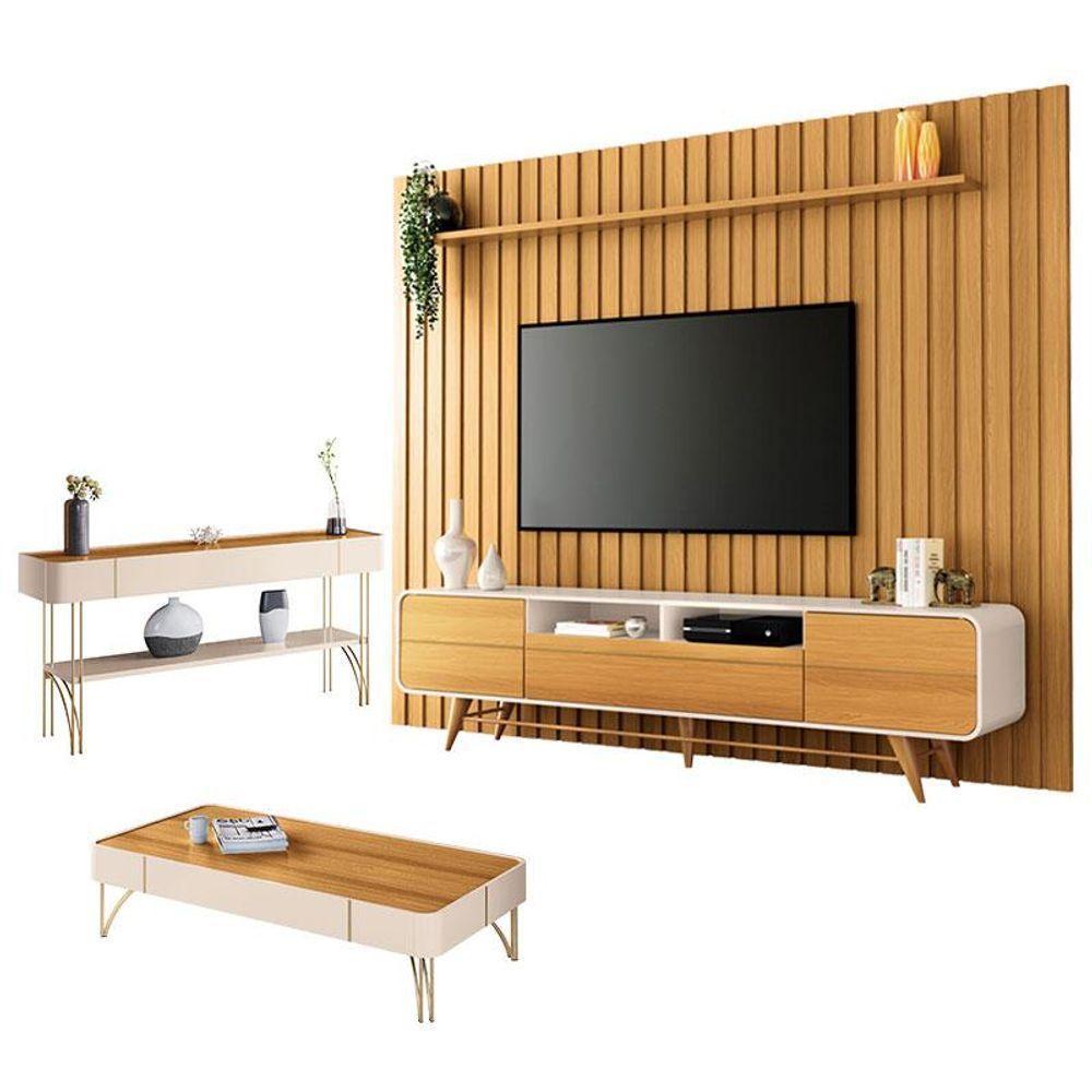 Rack Bancada época Com Painel Ripado You 2.7 Com Mesa De Centro Cadenza E Aparador Vivant Cinamomo Off White - Hb Móveis - 1
