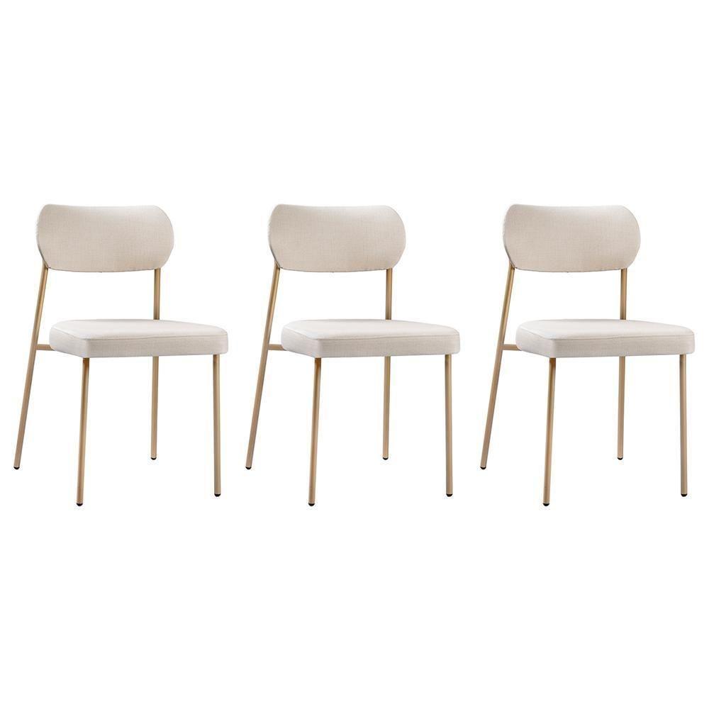 Conjunto 3 Cadeiras Lavínia Linho Bege/aço Champanhe - Salaone Linho Bege/aço Champanhe - 1