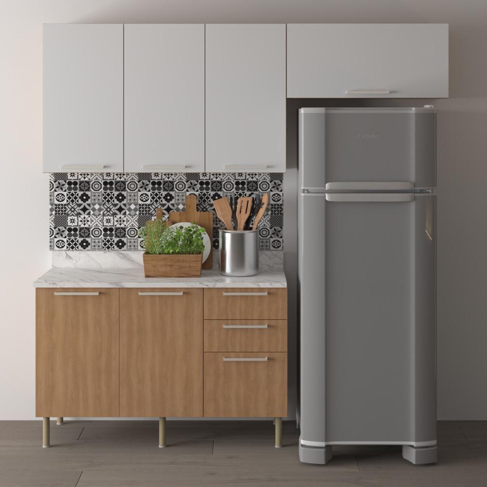 Cozinha Compacta 3 Peças Com Armários E Balcão Com Tampo Multimóveis Cr20449 Freijó/branco/mármore Branco - 1