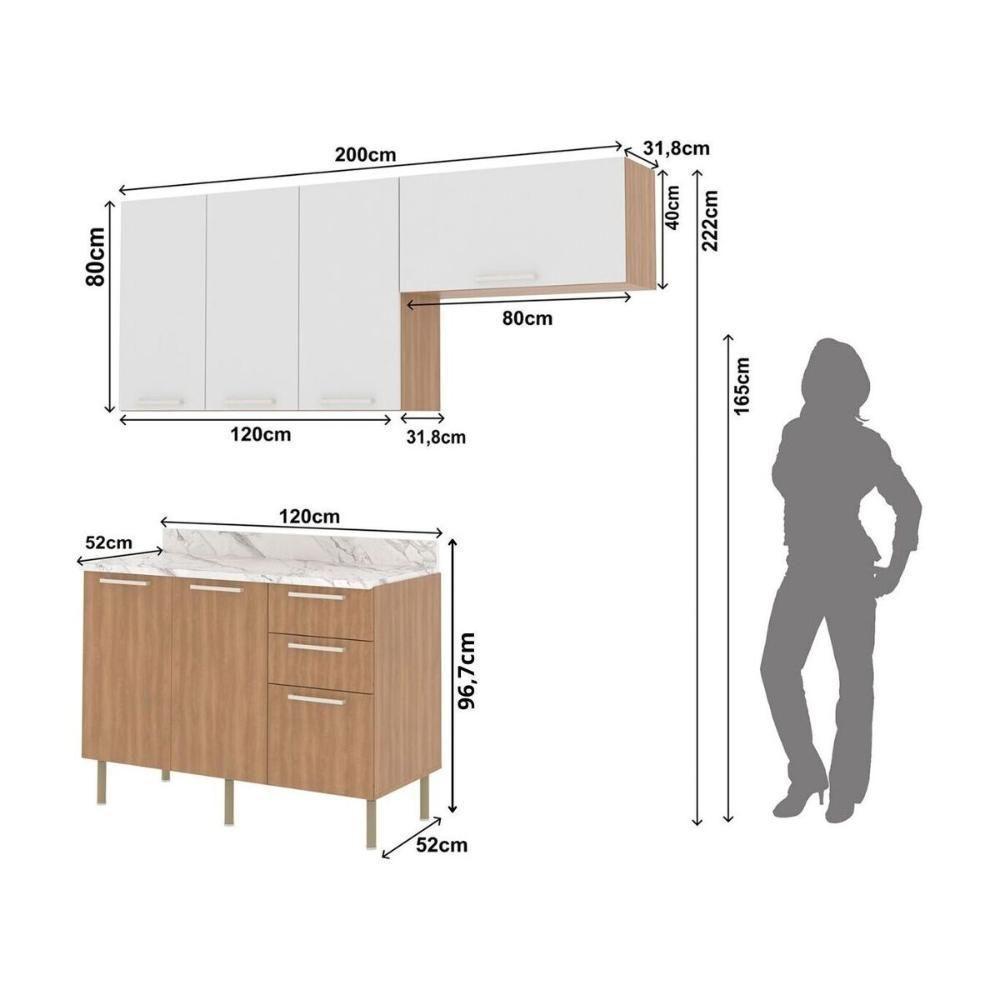 Cozinha Compacta 3 Peças Com Armários E Balcão Com Tampo Multimóveis Cr20449 Freijó/branco/mármore Branco - 3