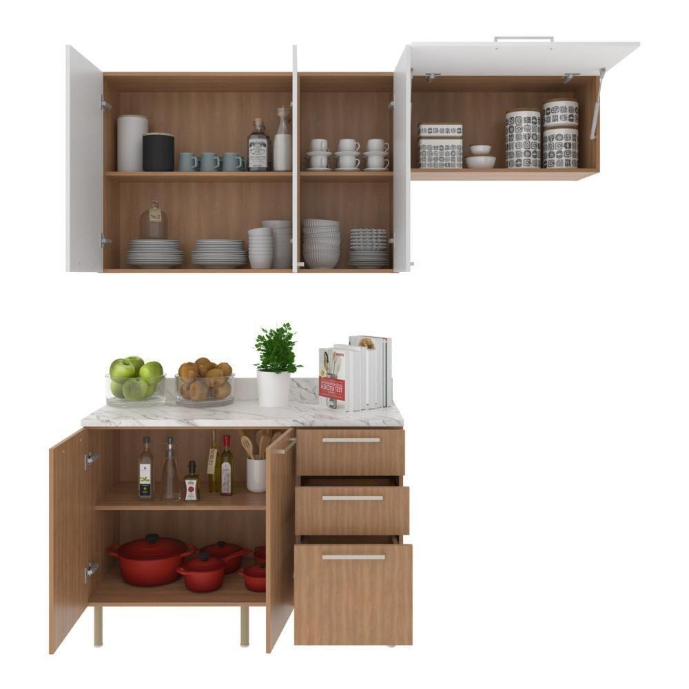 Cozinha Compacta 3 Peças Com Armários E Balcão Com Tampo Multimóveis Cr20449 Freijó/branco/mármore Branco - 4