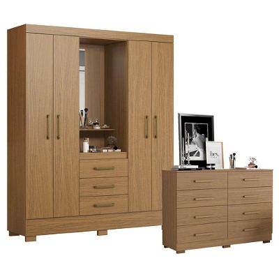 Cômoda e Guarda Roupa Solteiro Paris 2045150 4 Portas 3 Gavetas MDP com Espelho Atacama