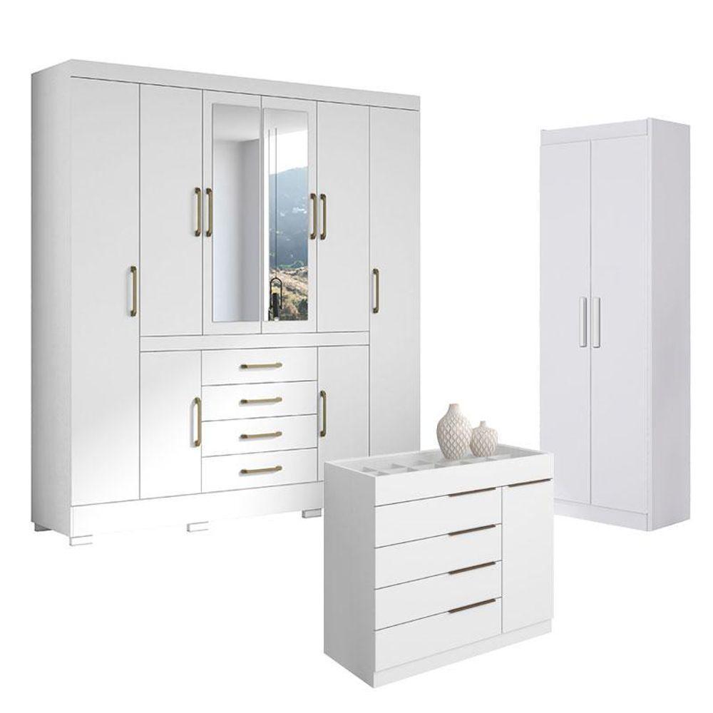 Guarda Roupa Casal Nápole 2045149 E Armário Multiuso 2000191 E Cômoda Sevilha Branco Brilho - Aramóveis - 1