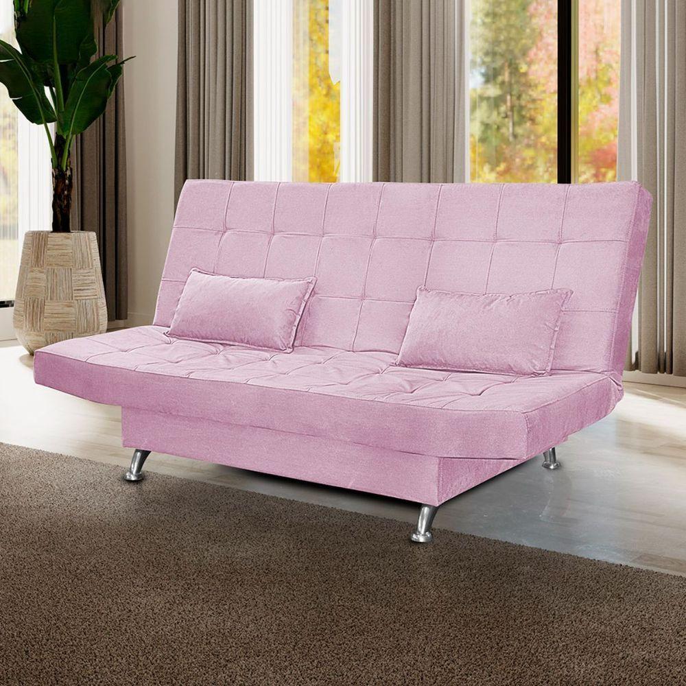 Sofá Cama Casal Com Almofadas 3 Lugares Rivera Suede Rosê - 2