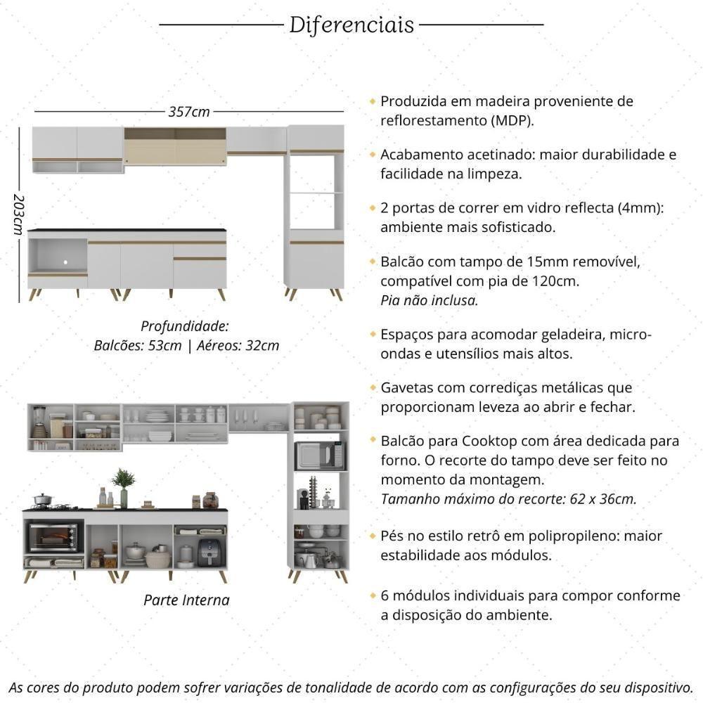 Armário De Cozinha Modulada Completa 357cm Com Balcão Para Cooktop Veneza Multimóveis Mp2274 Branco/dourado - 7