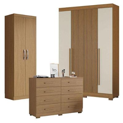 Kit Guarda Roupa Casal 2030240 com Armário Multiuso 2000192 e Cômoda 2014148 MDP Atacama Areia