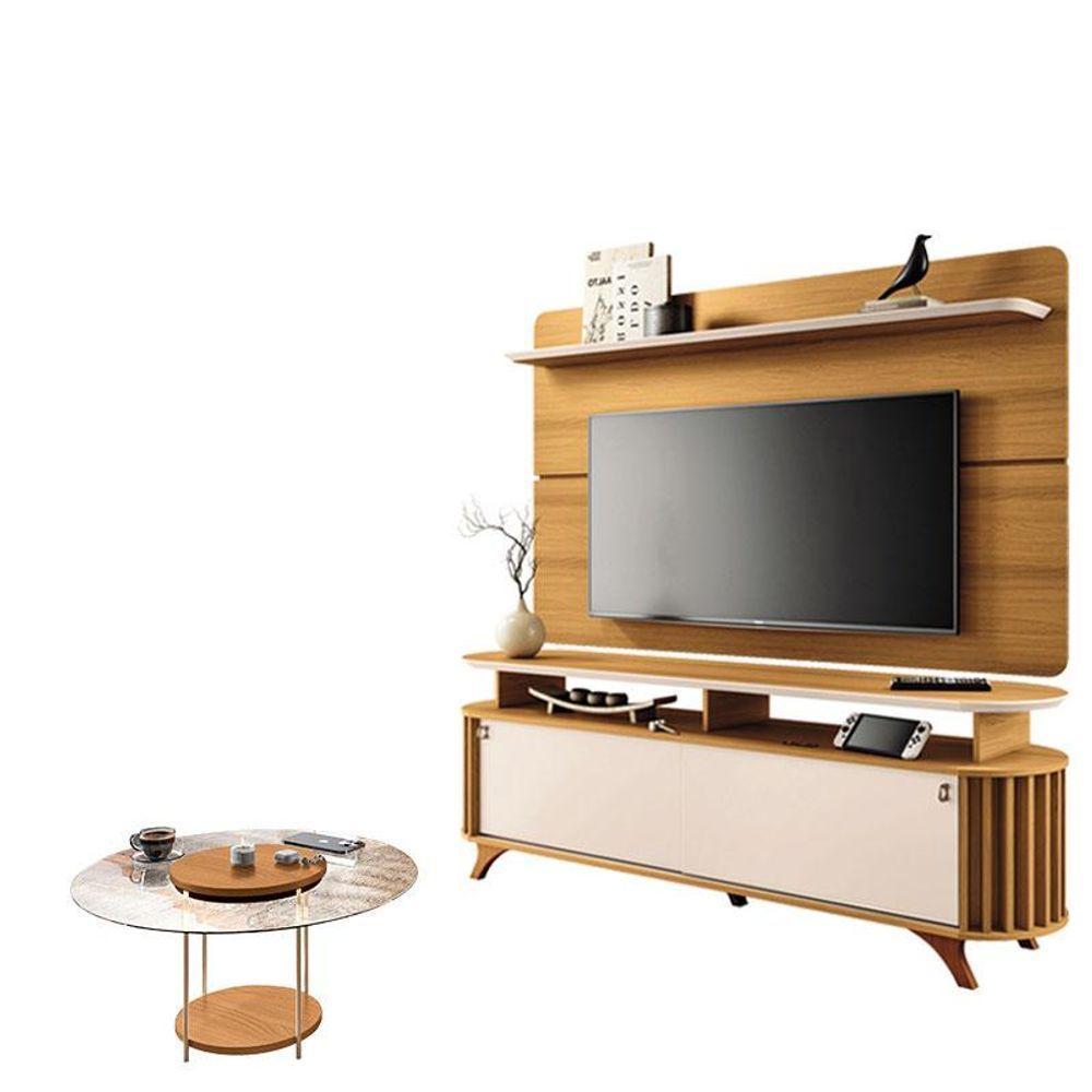 Rack Bancada Alba Com Painel Curv Com Mesa De Centro Sky Com Tampo De Vidro Cinamomo Off White - Hb Móveis - 1